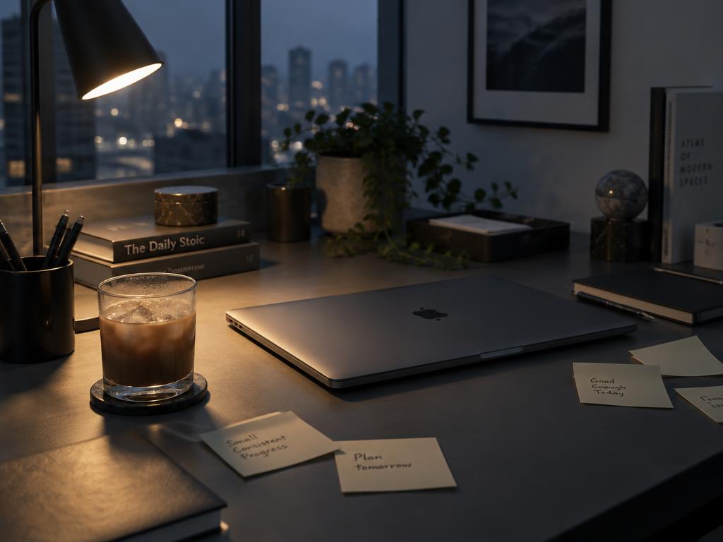 Un bureau le soir, une lampe allumée, des post-it éparpillés et une tasse de café froide, dans des tons gris et bleutés